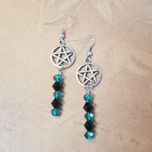 Gothic Pentacle black and Green Crystal Earrings  Handmade